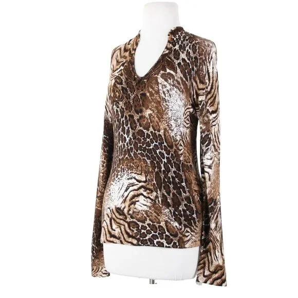Alberto Makali Sz M Brown White Beaded V Neck Animal Print Viscose Spandex Top - Picture 2 of 16